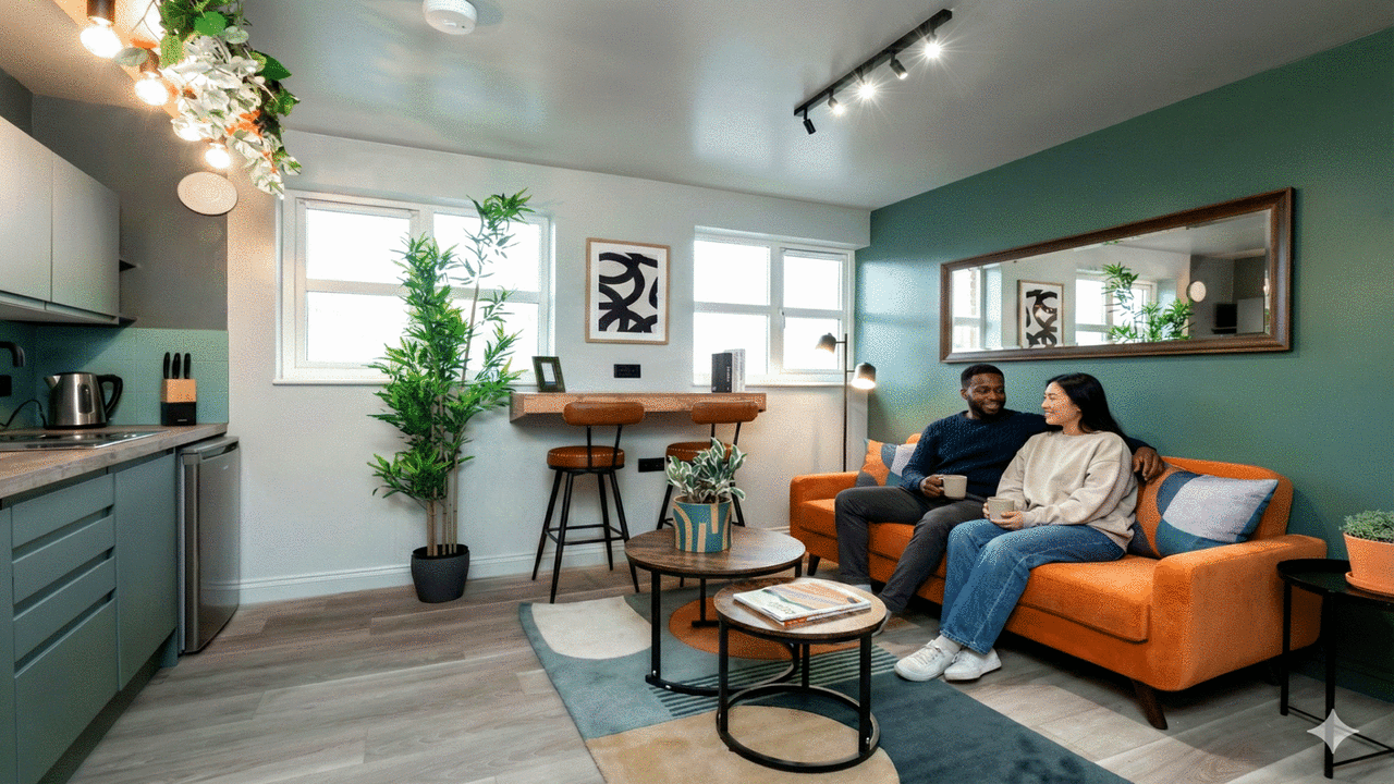 Fully furnished modern coliving apartment with ready-to-use kitchen and lounge in Bicester