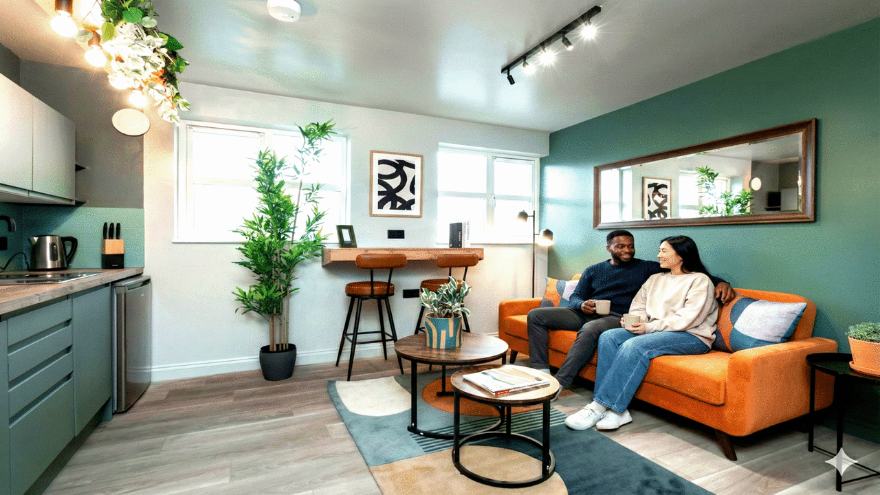 Open-plan kitchen and comfortable communal lounge in modern corporate accommodation