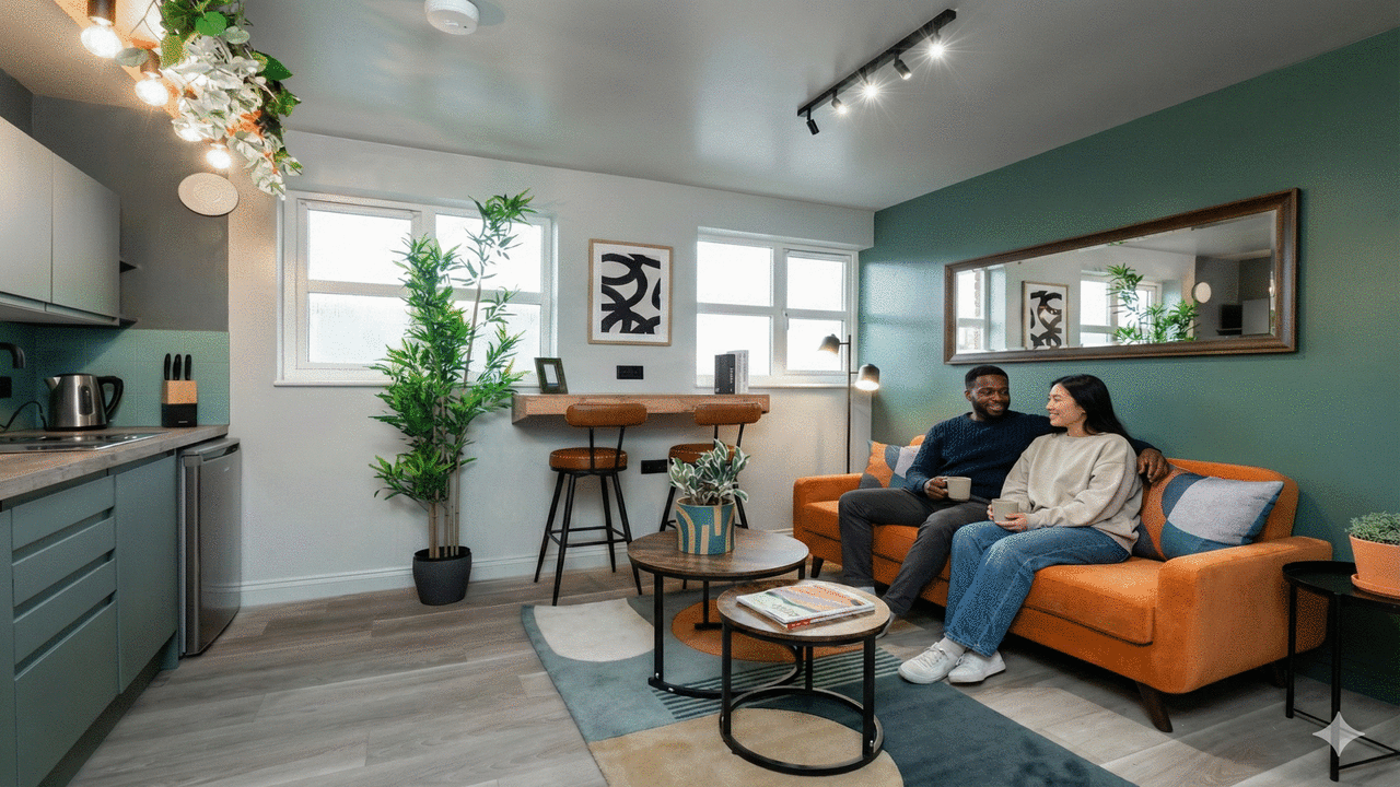 Relocating residents relaxing comfortably in their new Bicester home after arriving from the airport