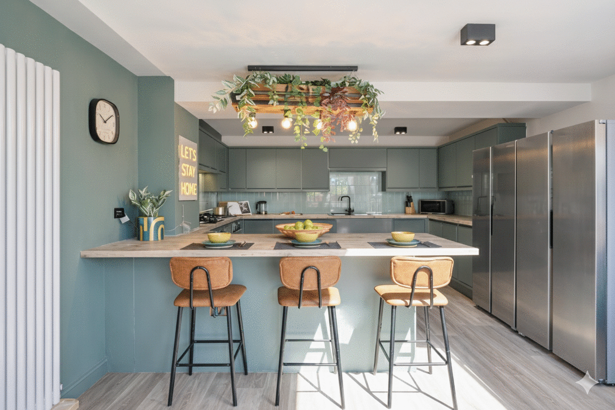 High-spec modern kitchen and island breakfast bar in Oxfordshire professional co-living home