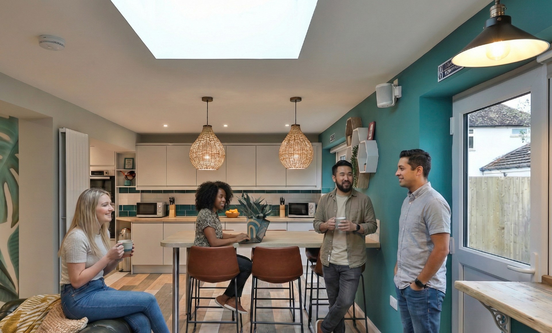 Remote worker on laptop in an open-plan kitchen and workspace in Oxfordshire