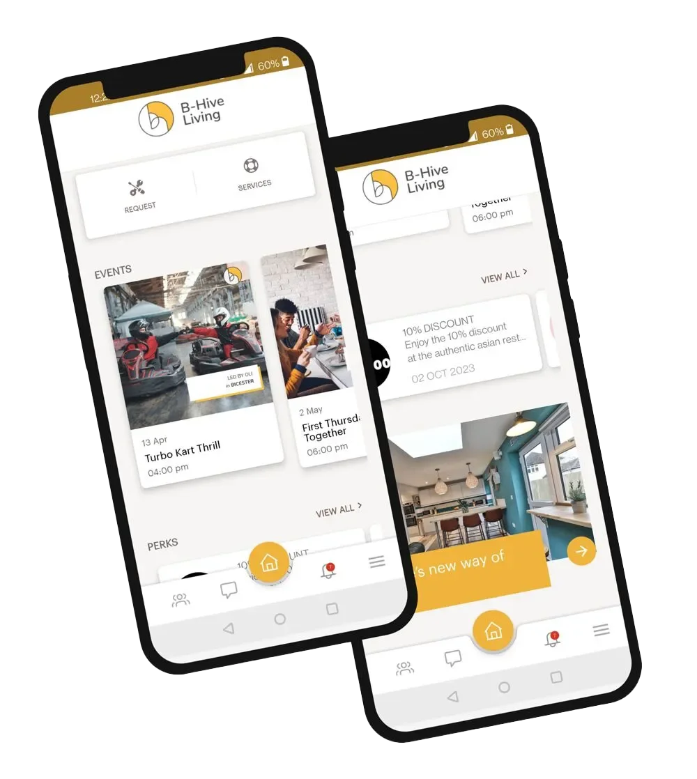 B-Hive Living resident app showing community events and social activities in Bicester