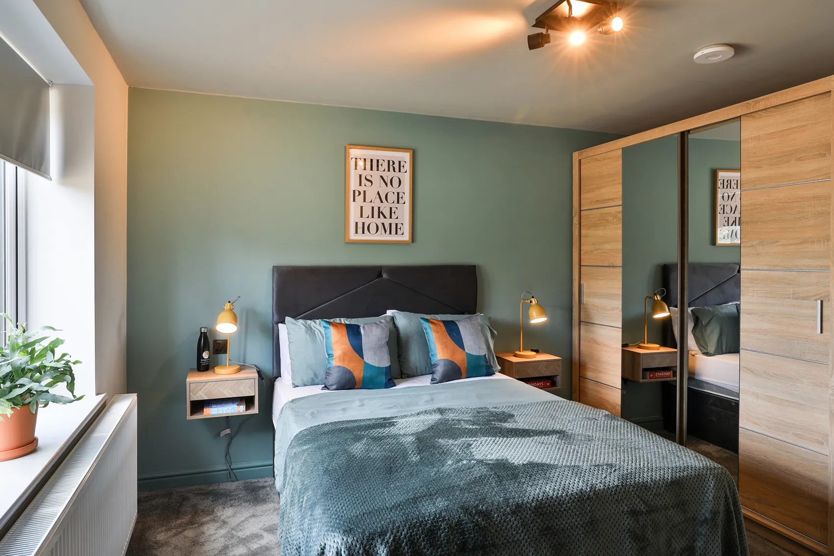 Comfortable and restful bedroom in corporate housing for downtime during race season