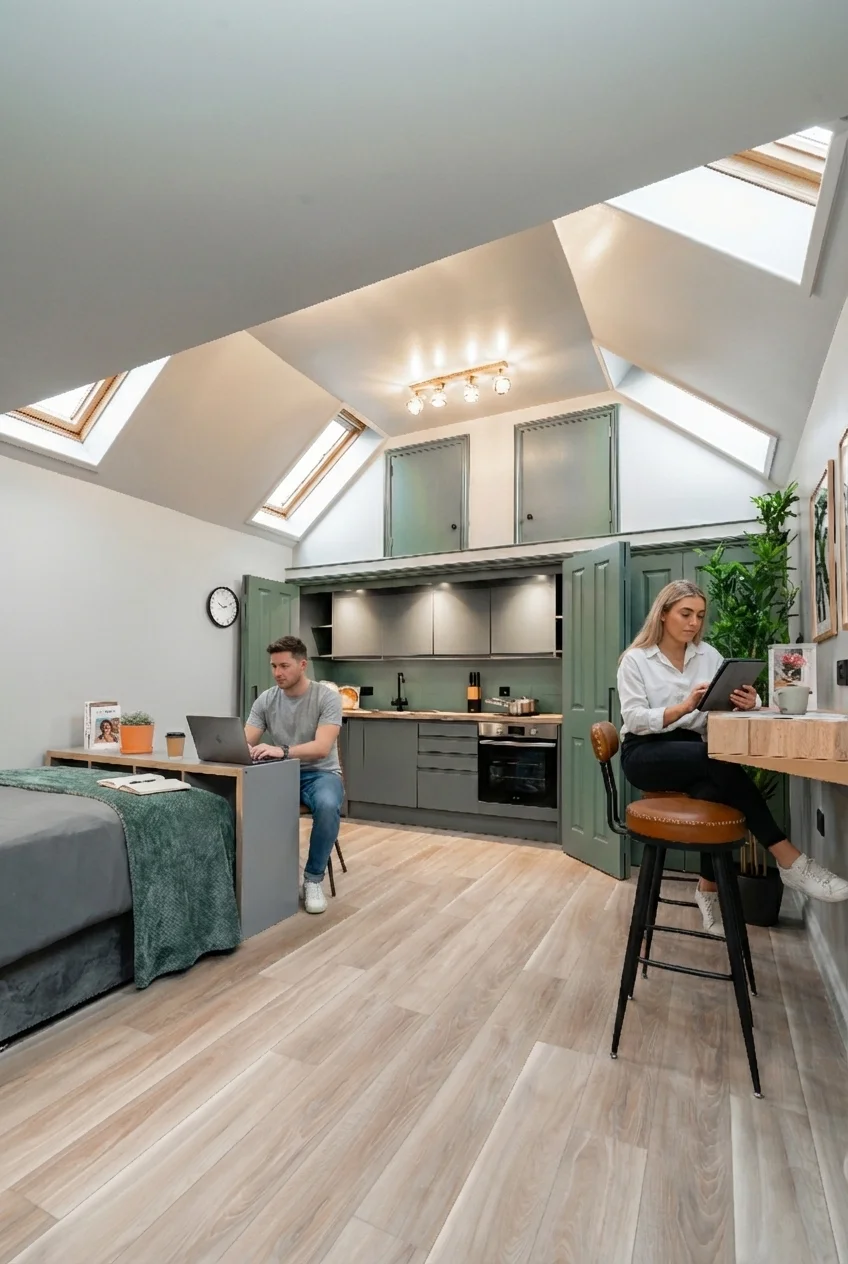 Remote professionals working productively on laptop and tablet in an open-plan home workspace