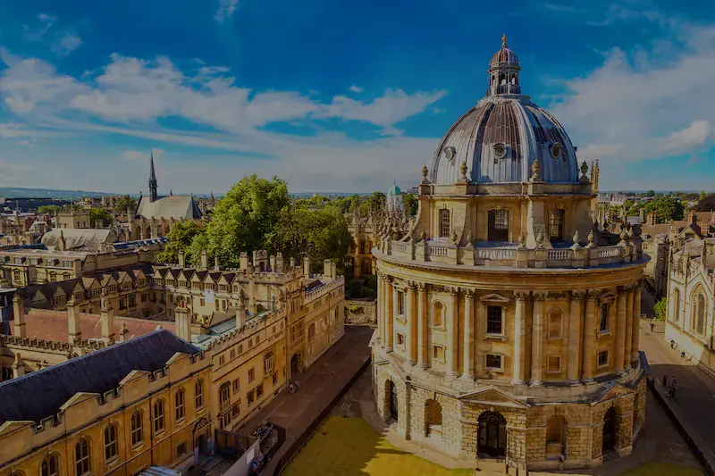 Aerial view of the Radcliffe Camera and historic University of Oxford buildings.
